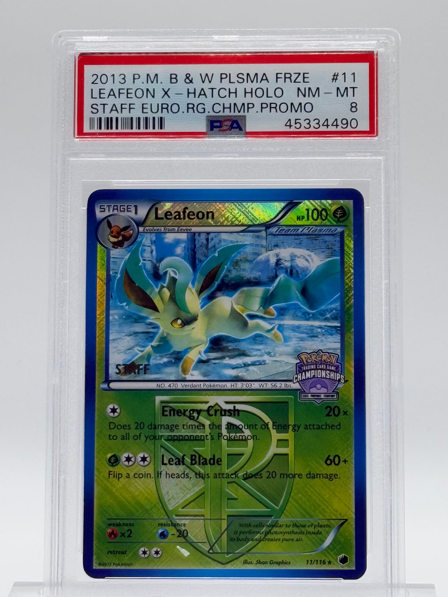 2013 POKEMON BLACK & WHITE PLASMA FREEZE-PSA 8-LEAFEON-HOLO-STAFF EURO.RG.CHMP.PROMO