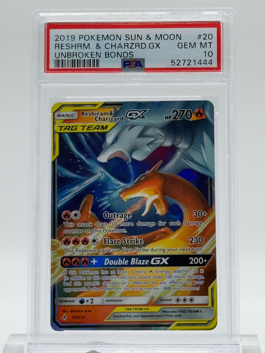 2019 POKEMON SUN & MOON-PSA 10- RESHRM. & CHARZRD.GX-UNBROKEN BONDS